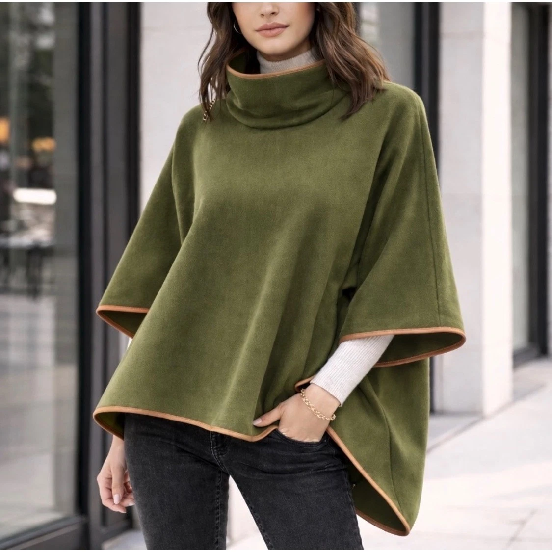 Tuckernuck Leather Trim Funnel Neck Piper Poncho One Size Olive Chic Old Money