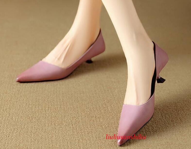 Chic Women Pointy Toe Shallow Mouth Stilettos Low Heels Leather Slip on Shoes
