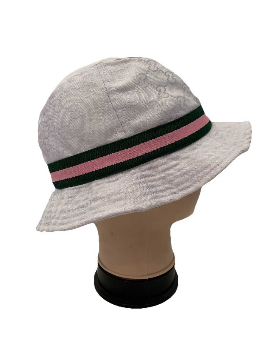 GUCCI Pink GG Monogram Bucket Hat w/ Green Stripe Logo Patch Made