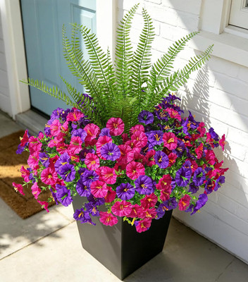 Artificial Morning Glory Flowers with Eucalyptus & Fern, 12 Bunches UV Resistant