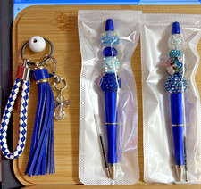 2 HAND MADE BEAD PENS BEAD KEY CHAIN - INK REFILL- blue