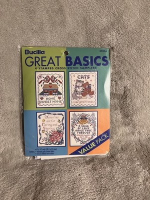 Great Basics 65054 Bucilla 4 Stamped Cross Stitch Samplers - NIP 8 x10  Each