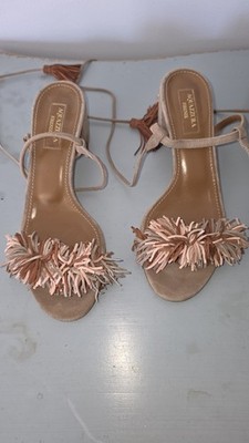 Aquazzura Beige Suede Strappy Sandals Fringe Tasseled Tie Women's EU 36