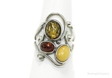 Vintage Modernist Style Multi Type Amber Gemstone Sterling Silver Ring - Size 8