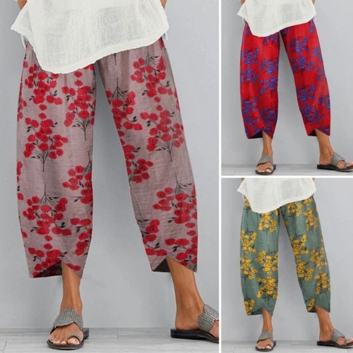 2023 Women Summer Comfy Floral Trousers Loose Cropped Vintage Retro Pants NEW - Bild 2 von 8