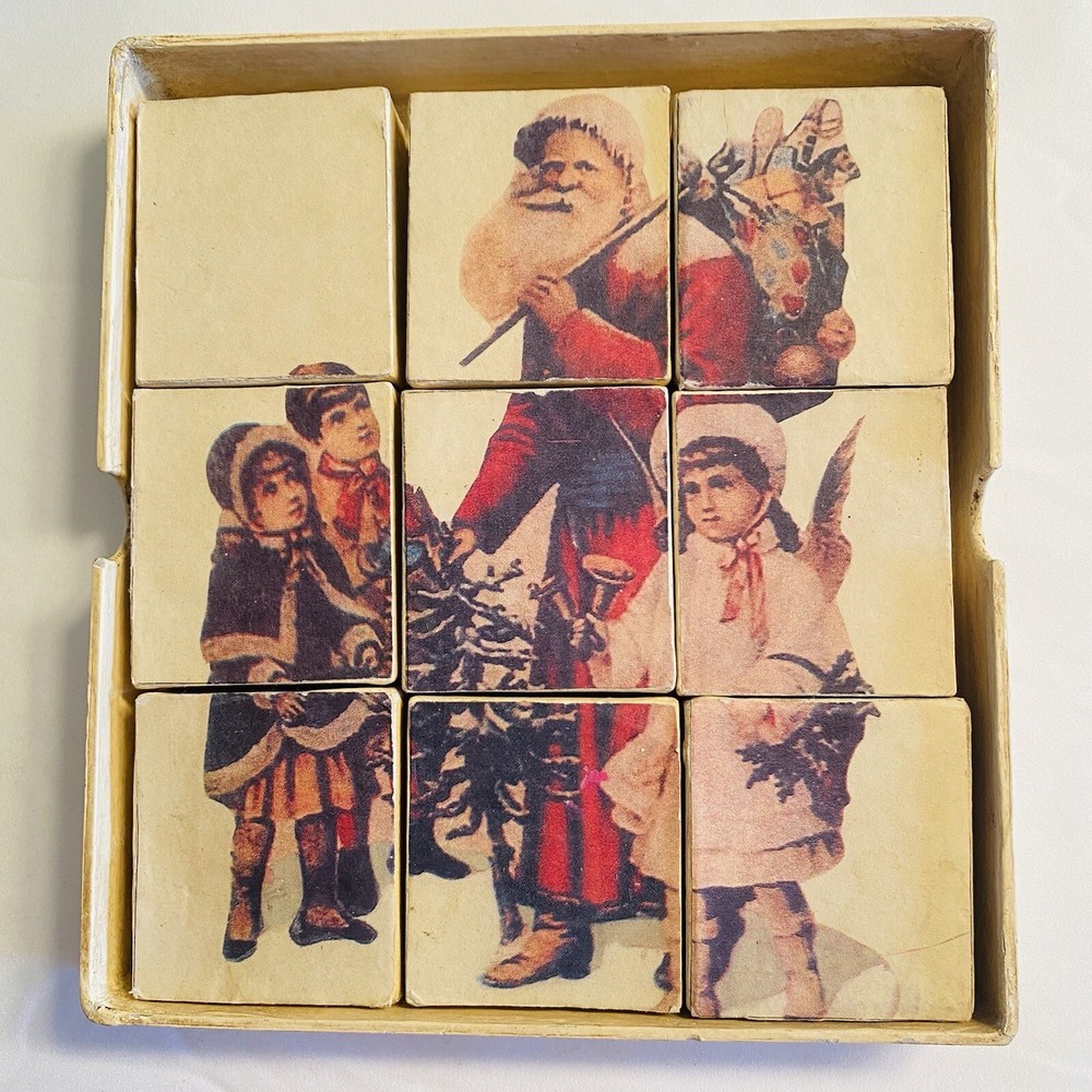 Cottage Core Vintage Victorian Style Cardboard Block Christmas Puzzle St Nick