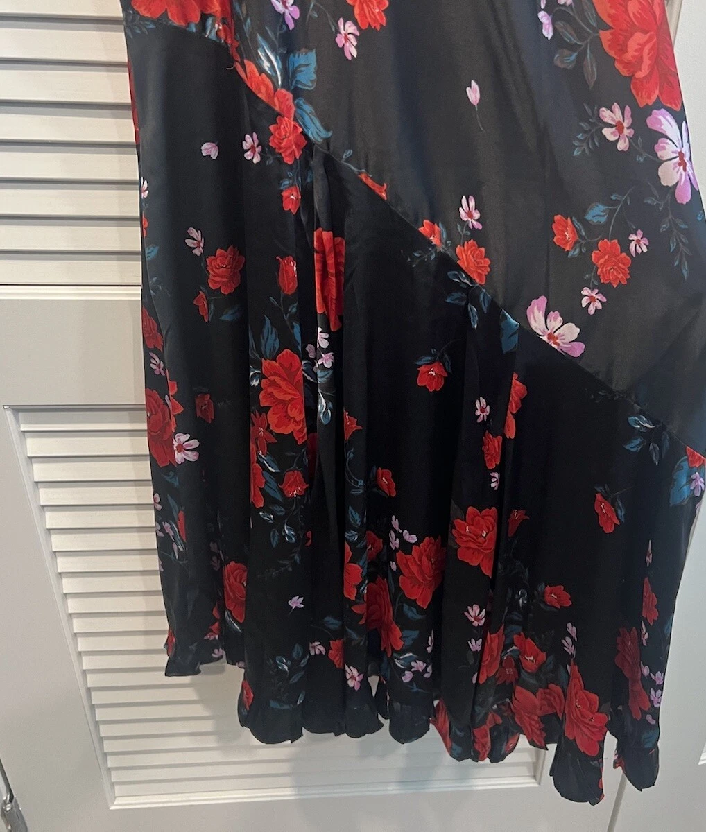 VALENTINO Abito asimmetrico nero rosso rosa velluto volant manica cravatta schiena fata capriccioso