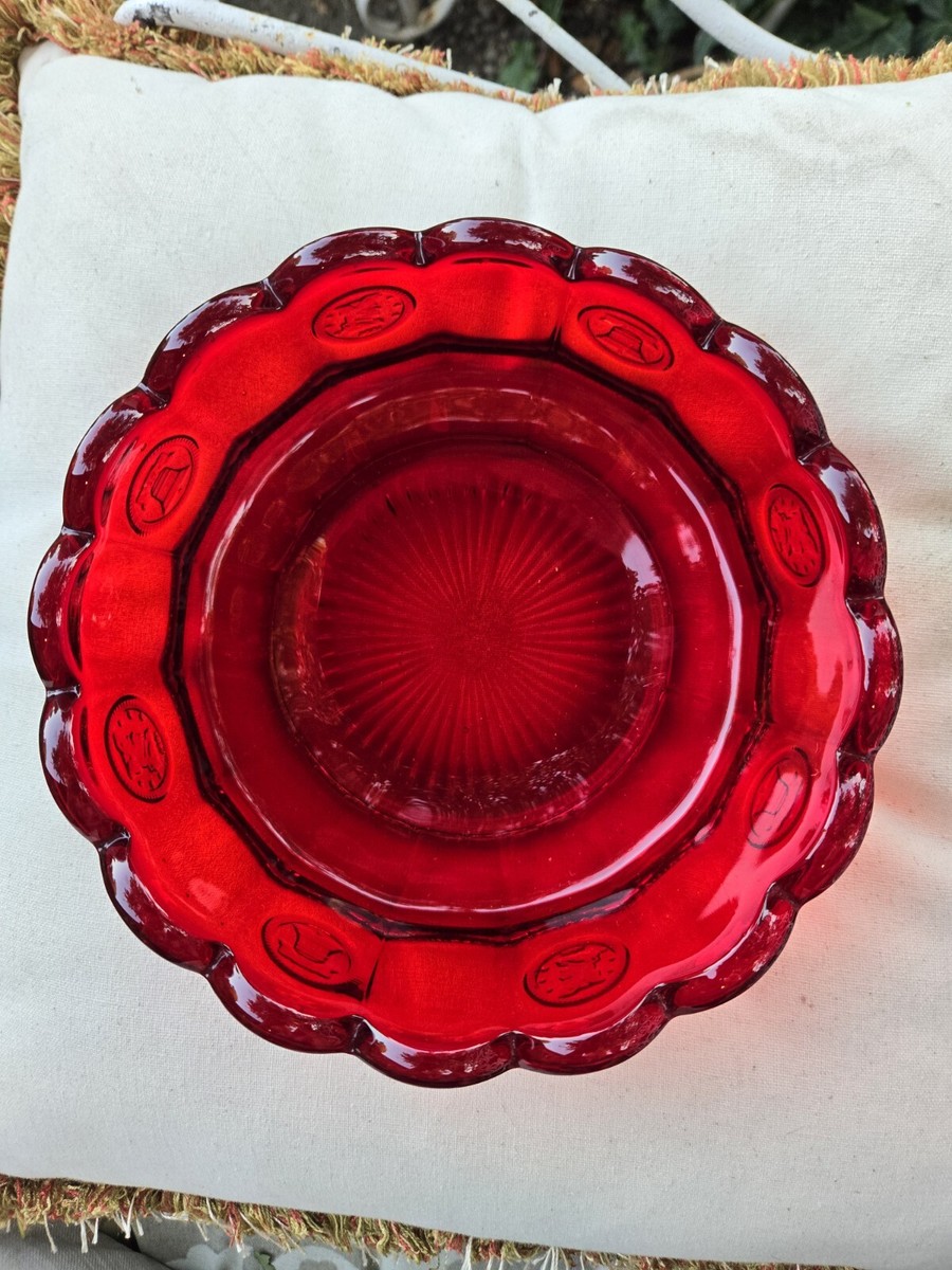 Vintage Fostoria Ruby Red Coin Glass Bowl Oval Scalloped Edge Liberty Bell 7.5 Vintage Fostoria Ruby Red Coin Glass Bowl Oval Scalloped Edge Liberty Bell 7.5