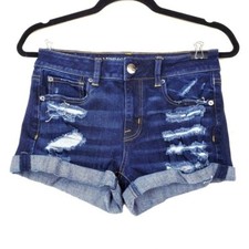 American Eagle Womens Blue Distressed Hi-Rise Shortie Denim Jean Shorts Size 4