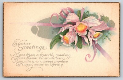 Easter Greetings Poem Holiday Postcard Floral Lilies  