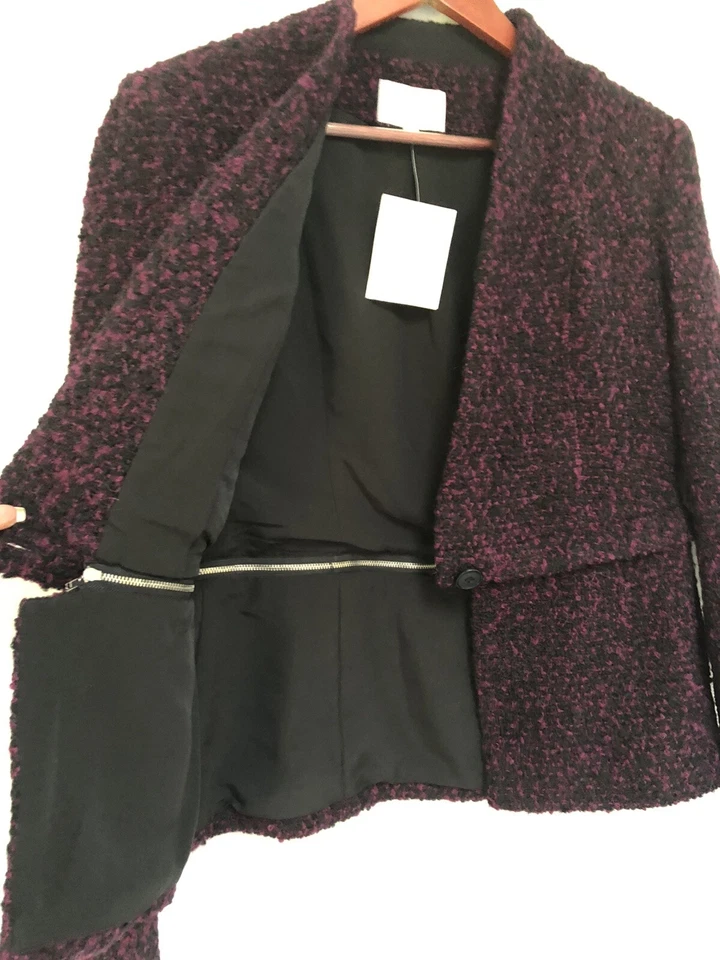 Chaqueta Blazer Mujer Nueva Sin Etiquetas Madison Marcus Lana Alpaca Borgoña Cremallera a Recortar Foto 4 de 4