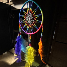 Rainbow Beaded Dream Catcher w/ Feathers, Handmade Native American US