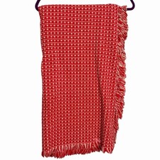 Hand Woven Plaid Design Fringe Edged Throw Blanket Red White Retro 81" X 58"