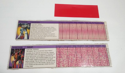(2) Transformers G1 tech spec cards lot w/ reader - Megatron & Thrust