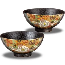 Couple's Rice Bowls  Stylish Kutani Ware Pair  Gold Flower  Japanese Tableware