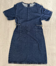 H&M Women's Blue Denim Shift Dress Short Sleeve Round Neck Zip Back Size XS