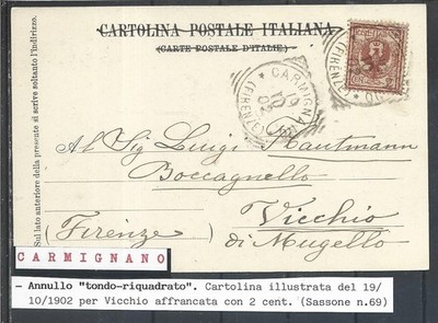 1902 2C N.69 CANCELLATION T.R. ISOLATED ON POSTCARD FROM CARMIGNANO X VICCHIO DI MUGELLO