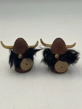 Vintage 1960s SCANDINAVIAN VIKING Teak & Fur SALT & PEPPER Set Wood Wooden 2"