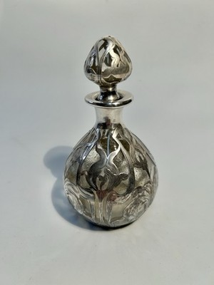 Antique L. Strolz Sterling Silver Overlay Glass Perfume Bottle Art Nouveau c1900