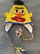 Adult Sesame Street Bert Knit Winter Hat Fleece Lined Ear Flaps Pom Tassels