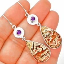 Leopard Skin Jasper & Amethyst 925 Sterling Silver Earrings Jewelry E-1081