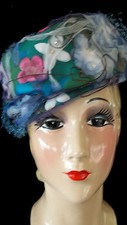 Vintage 50's Hat J. L. Hudson Co.Turban blue accent Flowers Rhinestones Netting