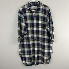 Vintage Esleep Dorm LS blue green and white plaid button up sleep shirt Sz OS