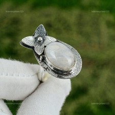 Oval Rainbow Moonstone Stone Wedding Statement Daughter Ring 925 Sterling Silver