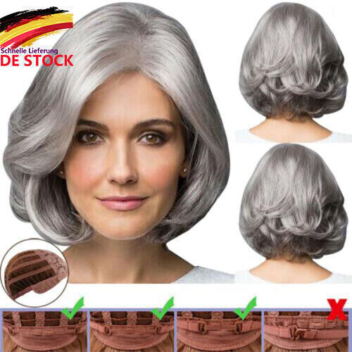 Damen Silber Grau Kurz Perücken Wig Bob Volle Perücke Gelockt Cosplay Haar Wig - Bild 1 von 6