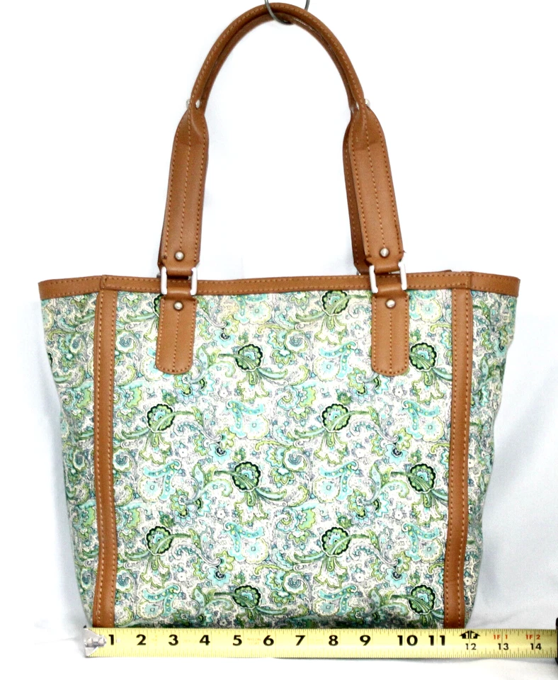 TALBOTS Chic Blue Green Floral Print Canvas Tote Shopper Tan Faux Leather Trim — 第 3/4 张图片