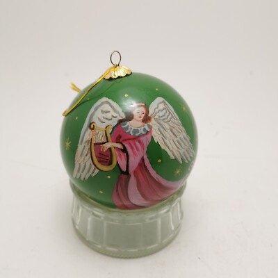 AVON Glass Ornament Reverse Hand Painted Angels Green w/ Velvet Box - 2015