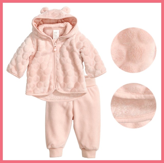 H&M Baby Girl Pink dotted velboa Hooded Jacket microfleece Pants 2pc