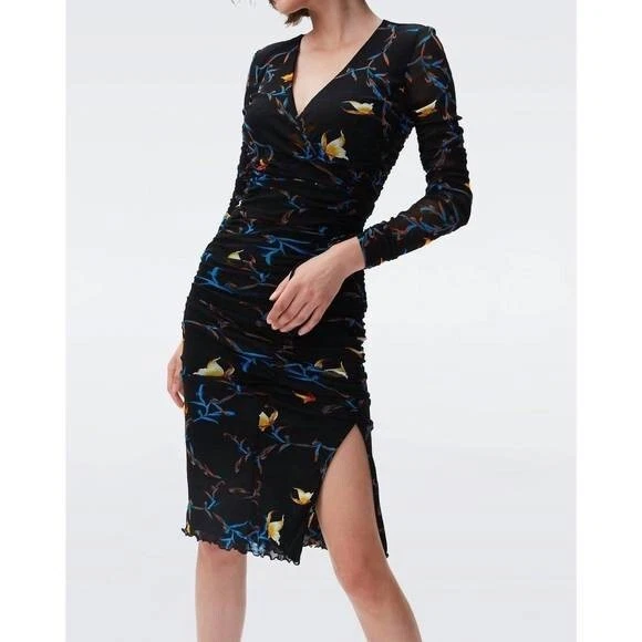 Vestido de cóctel DIANE Von FURSTENBERG DVF negro estampado floral malla acanalada L 12/14 Foto 4 de 4