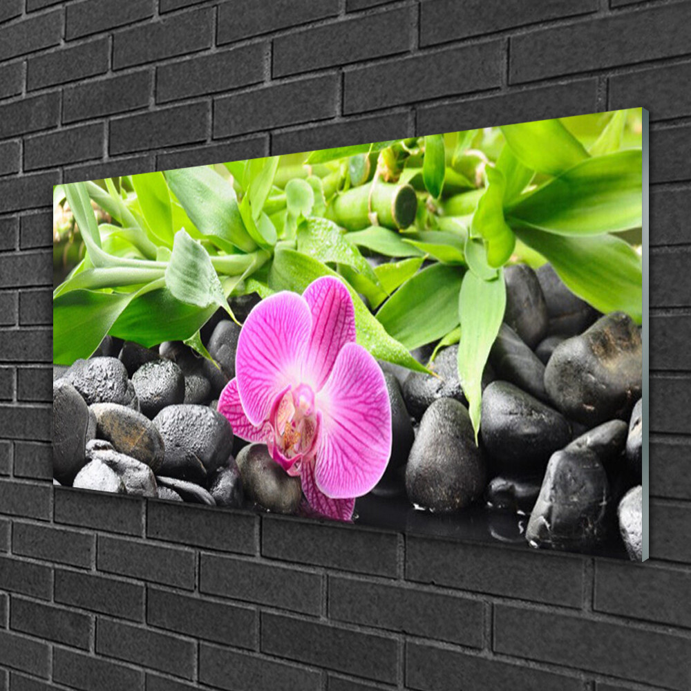 Tableau sur verre resolvant vos murs vides 100x50 cm art feuilles et pierres decoration zen