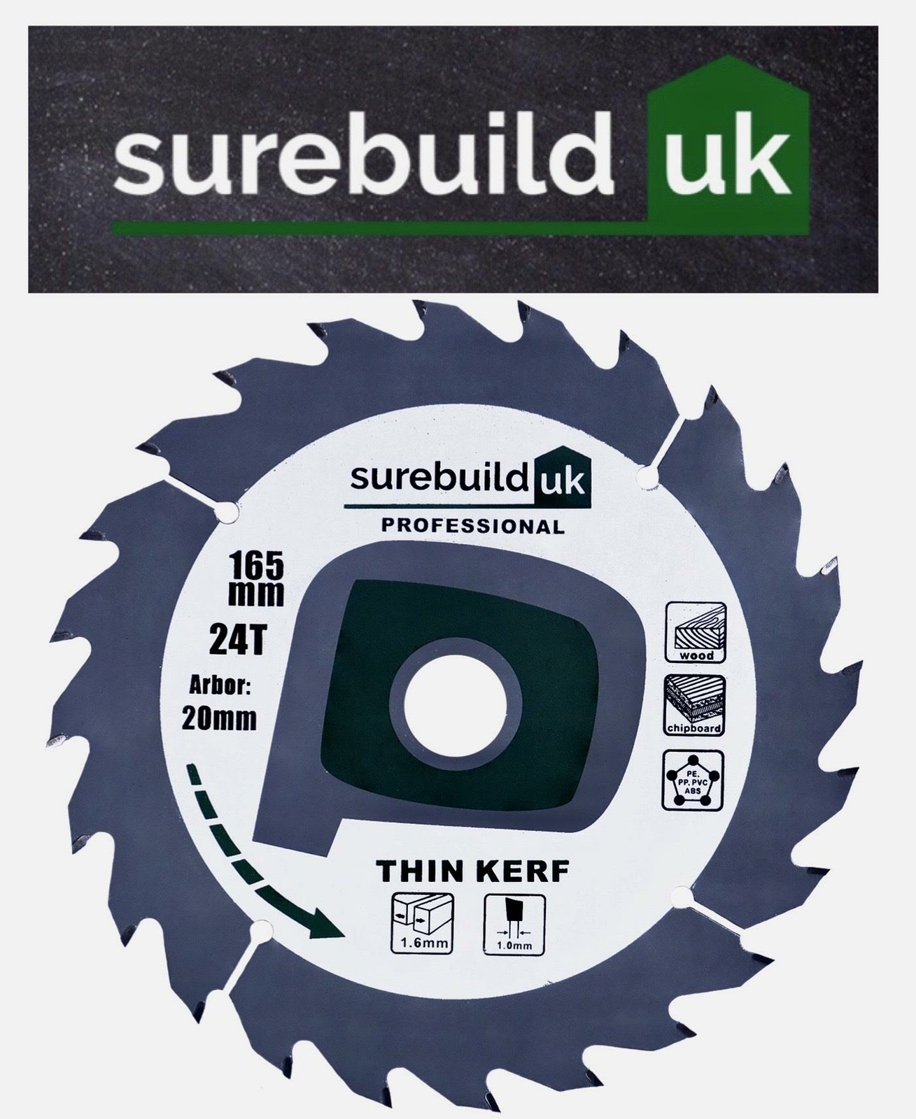 Surebuild 165mm x 24T x 20mm Cordless Thin Kerf Wood Trim Saw Blade