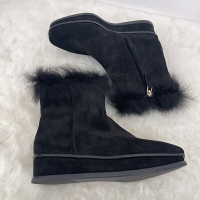 Tory Burch MARCEL Fur Booties Ankle Boots Size 5 Black Seude Wedge Platforms