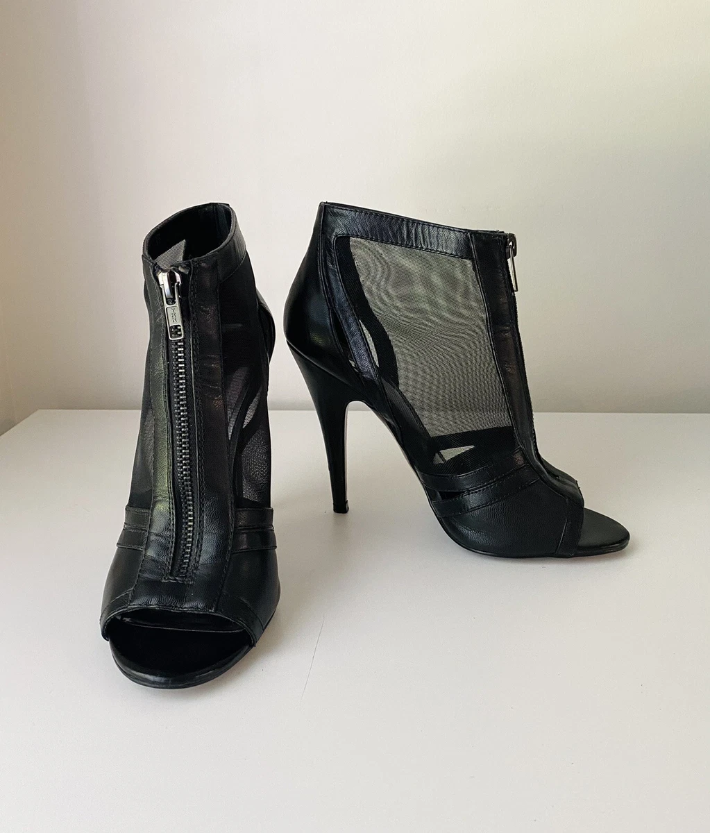 ALDO Black Front Zip Up Peep Toe Mesh Sides High Heels Booties Size US7