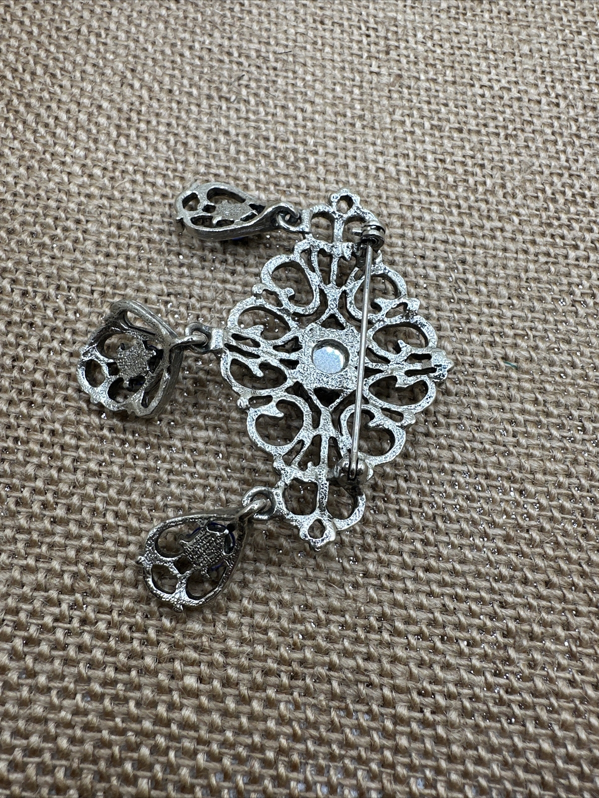 Blue Cabochon Dangle Drop Silver Tone Brooch - image 11