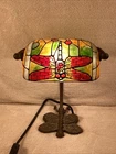 Vtg Tiffany Style Dragonfly Banker’s Desk Lamp Stained Glass & Cast Iron 9”