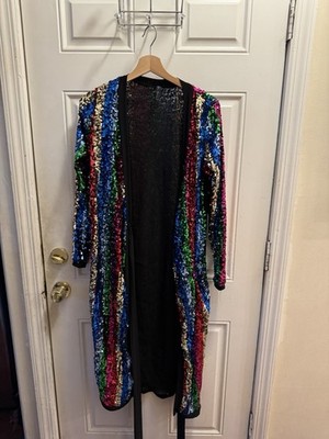 Fashion Nova S Multicolor Striped Sequin Sheath robe Long Sleeve waist tie