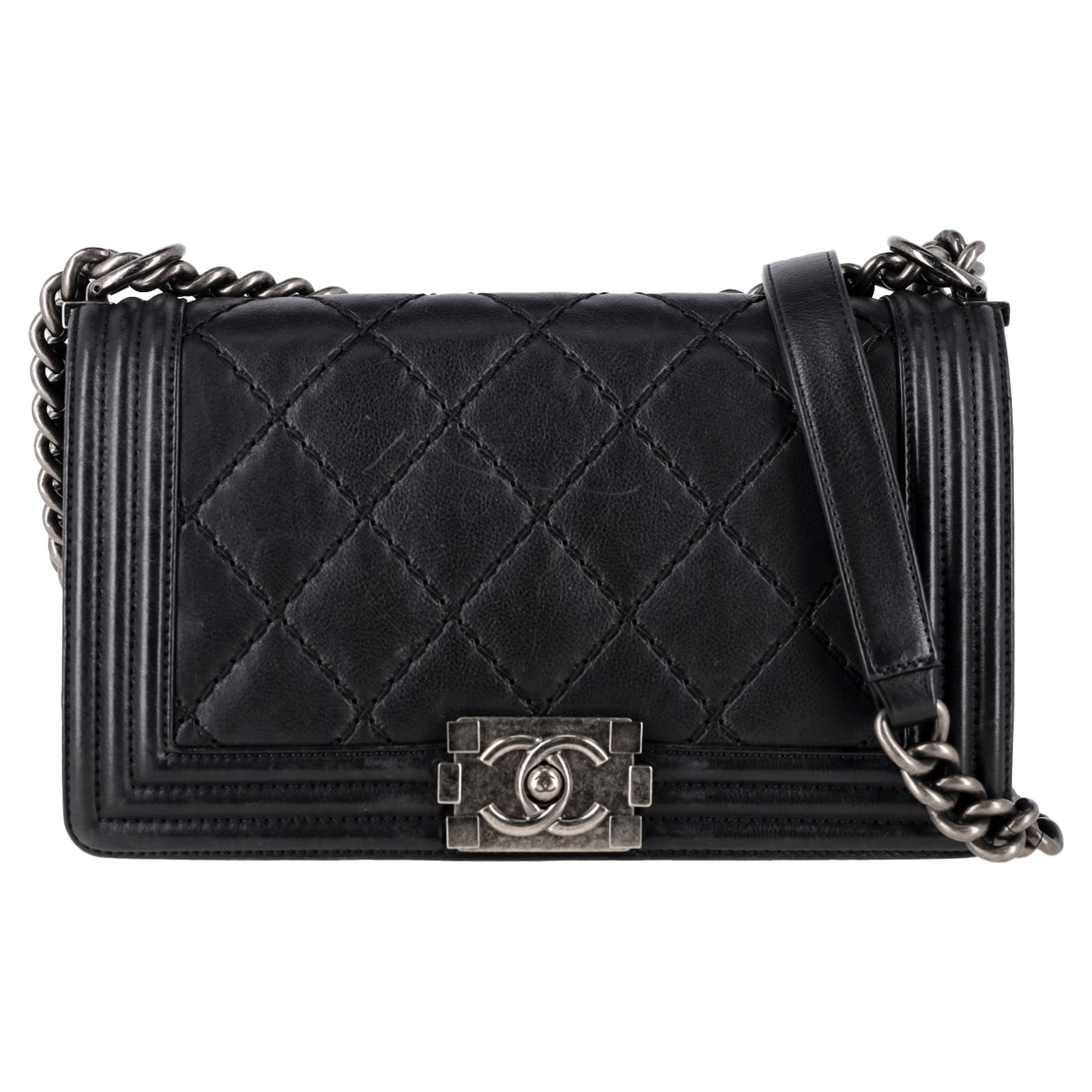 Chanel Quilted Medium Double Stitch Boy Flap Bag In  Leather Women Black  One