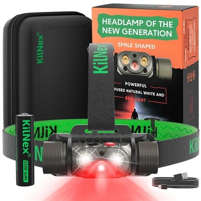 KILNEX Red Light Headlamp - 1100 Lumens White & Red LED | Rechargeable Headla...