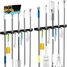 2 Pack Black Broom Holder Wall Mount, 5 Racks 4 Hooks Mop and Broom Holder | Mop