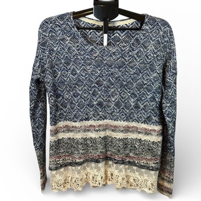 Jolt Womens Blue Diamond Knit Lace Trim Sweater JS11521R91 Medium