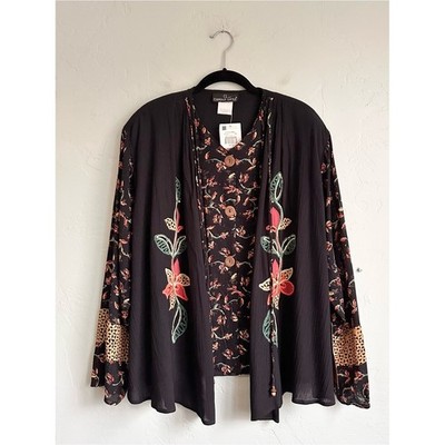 NWT 90's Vintage Carole Little Black Boho Floral Embroidered Layered Open Top 14