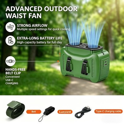 10000mAh Personal Belt Fan - USB Rechargeable Clip-On Cooler w/ LED Light ,NEW