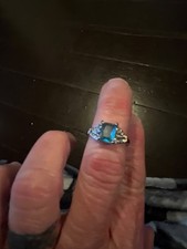 Ring Silver Blue Square with Cubic Zirconia Accents Sterling 925 Size 7 Band