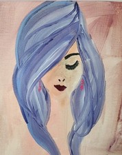 Bellissima bambina capelli blu arte originale 14x11 tela dipinta a mano