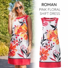 Roman Pink Floral Tropical Shift Dress Size 16 Summer Holiday Lined Smart-Casual