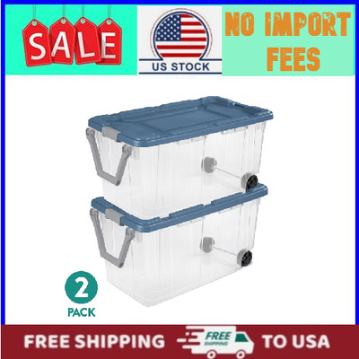 Sterilite Extra-Large Wheeled Rugged Storage Bin, 160 Quart Blue, 2 Pack